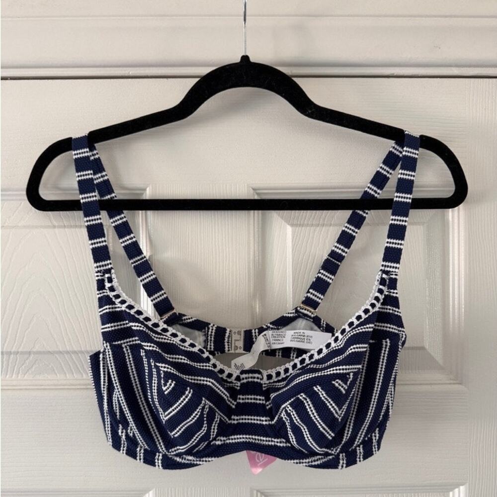 antigel by lise charmel navy blue & white stripe bikini top women size 32e